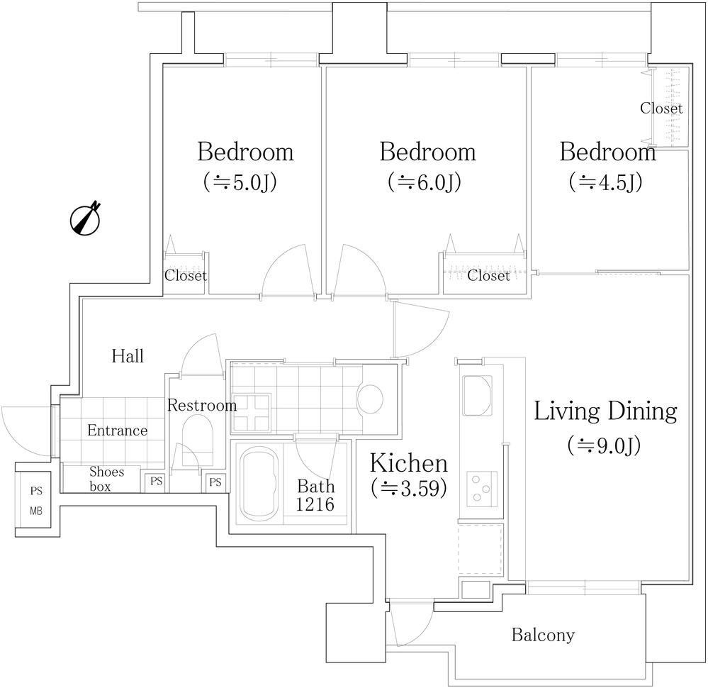 Floor plan. 3LDK, Price 36,800,000 yen, Footprint 63.5 sq m , Balcony area 4.8 sq m spacious 3LDK