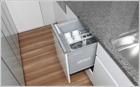 Kitchen.  [Dishwasher (OP)] Clean and built-in at the bottom counter. Course is to contribute to the saving of the household chores, Is the eco-equipment that can save water and energy saving compared with hand washing.