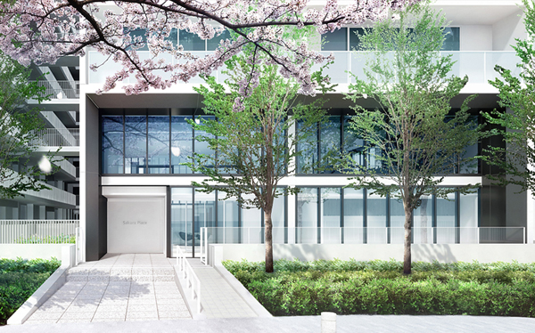 Features of the building.  [entrance] The main entrance was made to the "Mongamae" spacious. Missing between the trees, Duck black fringed gate shine in white appearance to the hotel's "Sakura Place". (Entrance Rendering)
