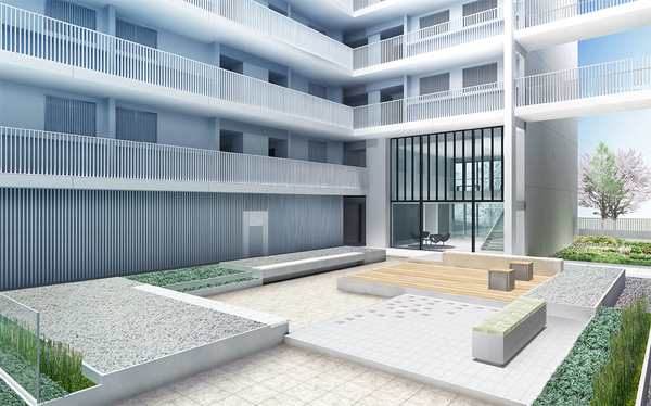 Features of the building.  [Garden of water Jing] "Water Landscape of the garden" is, Enjoy the beauty of the cherry tree and the river to design the architectural landscape of the "Sakura Place", This courtyard reconstructed. ( "Water Landscape Garden" Rendering)