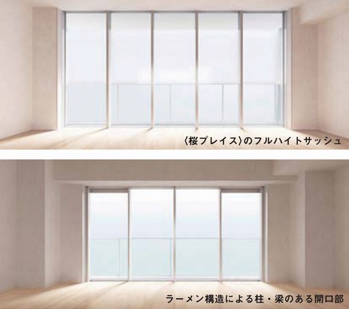 Buildings and facilities.  [Wall construction] Wall seismic isolation structure is, Create columns and beams there is no open living spaces that jut into the room. Also, On the balcony side, From the floor it has adopted a full-height sash a height of about 2.5m ceiling. (Top: open-minded opening of <Sakura Place> = and full-height sash (90A-SE type), Below: Comparison conceptual diagram of the opening of ramen structure (company ratio))