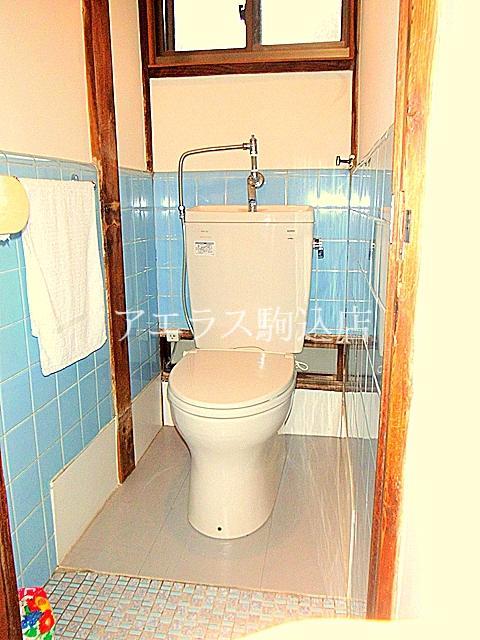 Toilet. There is a feeling of cleanliness in the vivid colors of the tiles