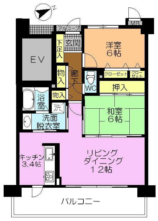 Floor plan. 2LDK, Price 16.8 million yen, Occupied area 65.47 sq m , Balcony area 14.38 sq m