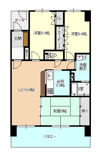 Floor plan. 3LDK, Price 18.5 million yen, Occupied area 77.08 sq m , Balcony area 14.48 sq m