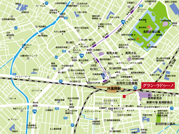 Surrounding environment. JR "Takaoka" 1-minute walk from the station south exit. Medical care ・ Shopping, such as living environment enhancement of good location (local guide map)