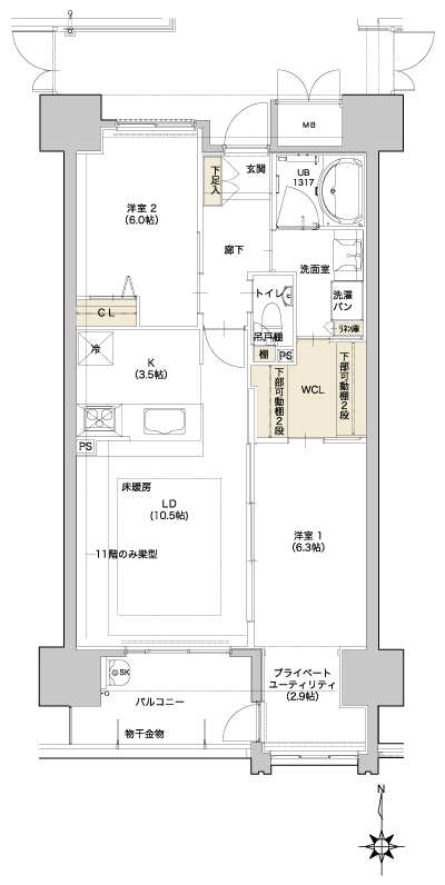 Floor: 2LDK + PU (private utility), the occupied area: 66.18 sq m