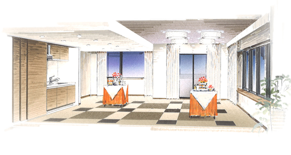 Shared facilities.  [Party room Rendering illustrations] It arranged a large opening, kitchen, Set up a party room, complete with toilet on the second floor. People of residents meetings and various events, You can take advantage as a community space, such as Culture classroom.