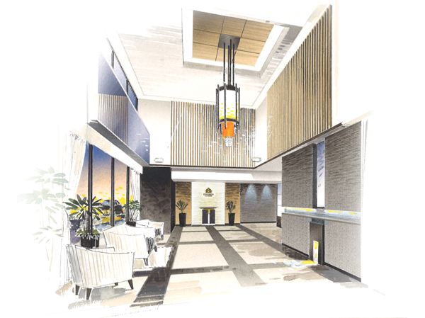 Shared facilities.  [Entrance Hall Renderings illustrations] Entrance Hall of the airy two-layer Fukinuki. During the day with natural light from the glass-walled opening surface, Indirect lighting will gently wraps the space at night. Adopt a granite, etc. on the floor. It directed the hospitality that has been cultivated in the hotel business to everywhere.