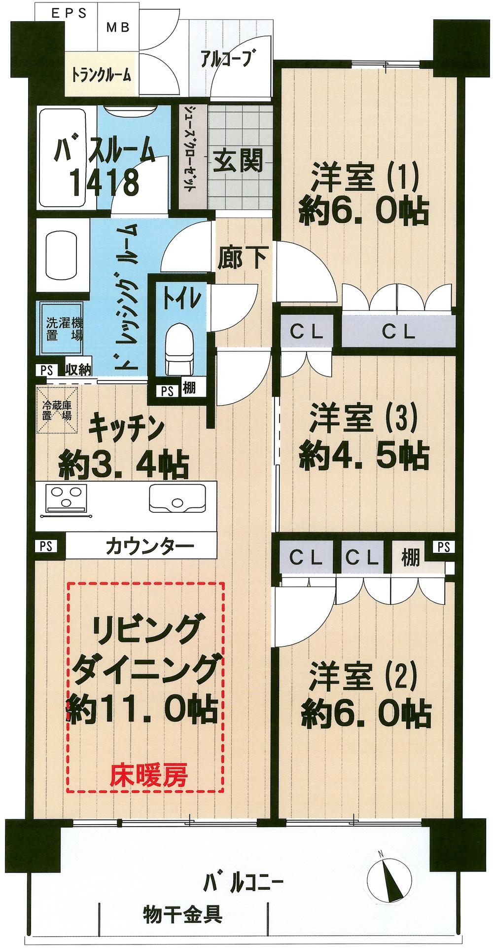 Floor plan. 3LDK, Price 21.6 million yen, Footprint 68.3 sq m , Balcony area 11.34 sq m