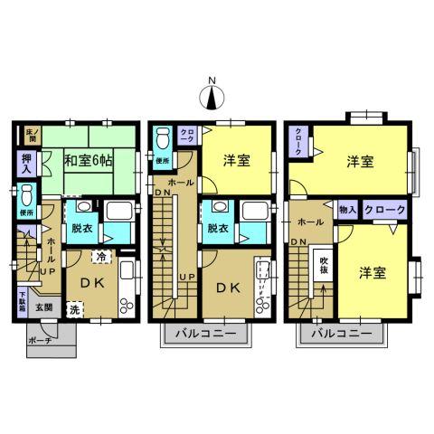 Floor plan. 9,780,000 yen, 5DK, Land area 119.01 sq m , Although building area 96.74 sq m is not a large building, It also becomes available floor plans as a two-family house. Kitchen 2 places, Bathroom 2 places, Washbasin 2 places, There are 2 toilets locations. 