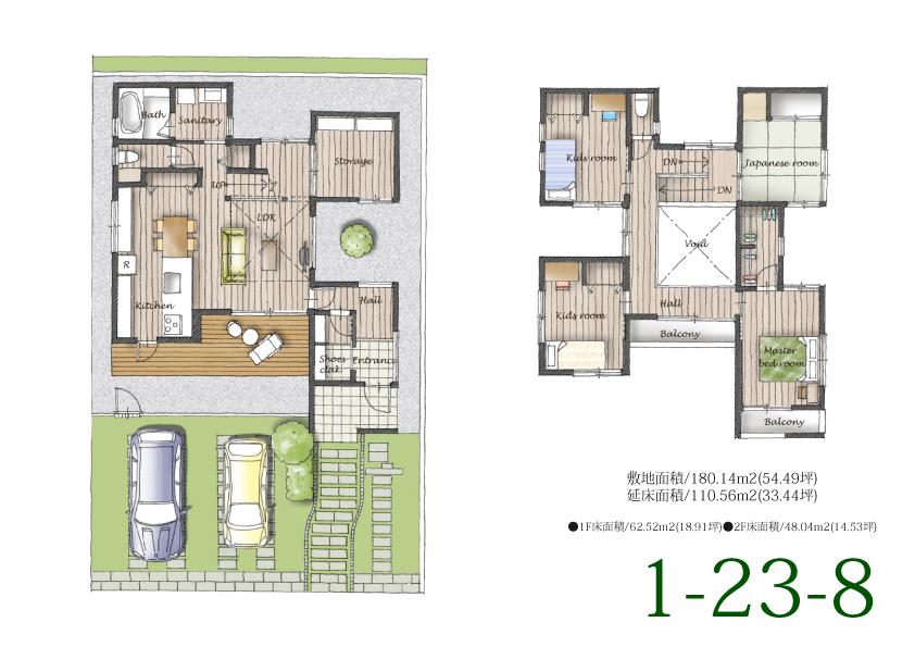 Floor plan. (1-23-8 No. land), Price 36,463,000 yen, 4LDK, Land area 180.14 sq m , Building area 110.56 sq m