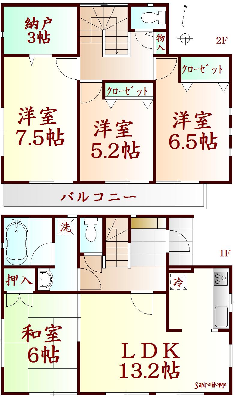 Floor plan. (Building 2), Price 16.8 million yen, 4LDK+S, Land area 256.32 sq m , Building area 93.15 sq m