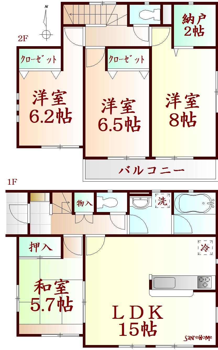 Floor plan. (6 Building), Price 18,800,000 yen, 4LDK+S, Land area 256.32 sq m , Building area 95.17 sq m