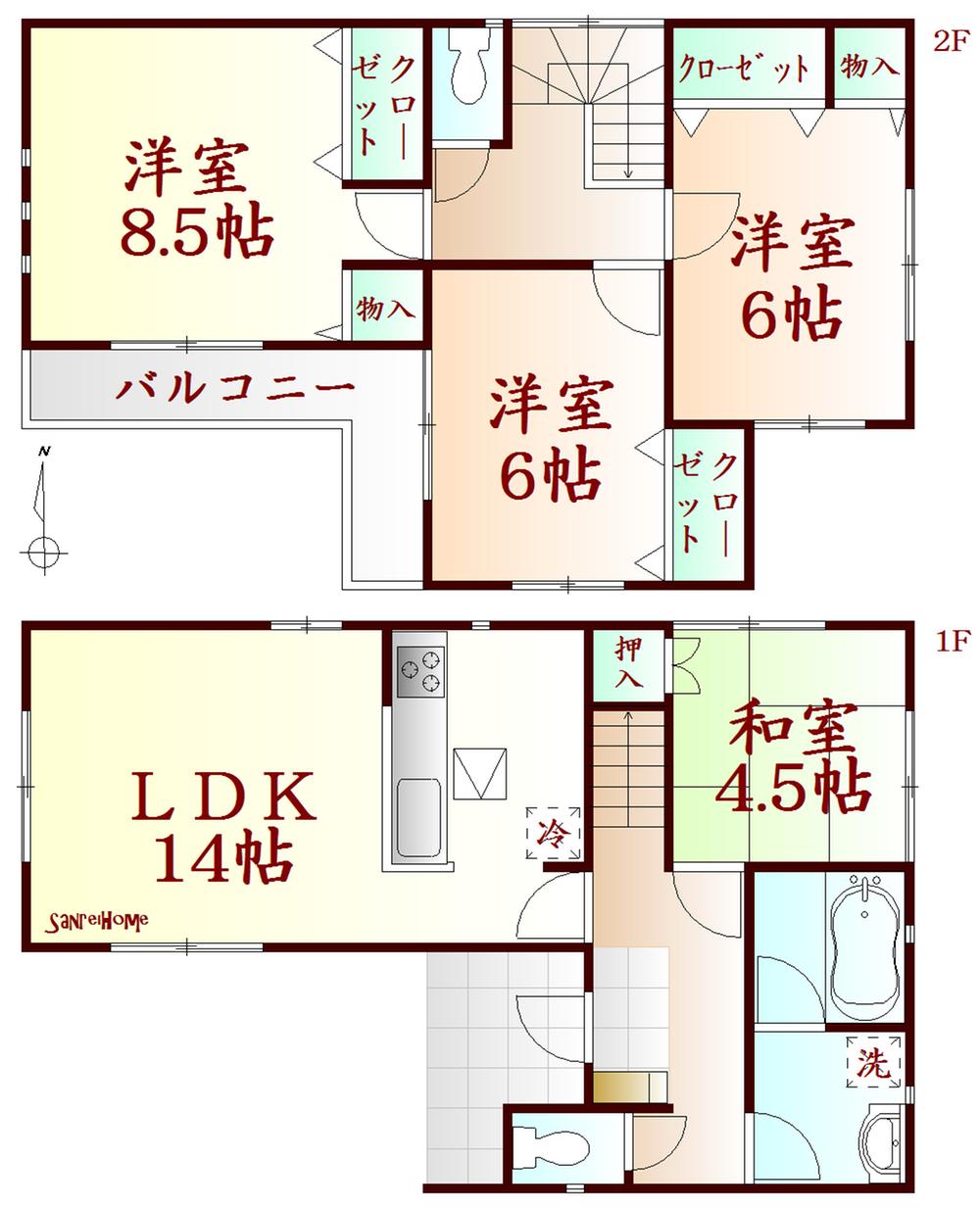 Floor plan. (Building 2), Price 19,800,000 yen, 4LDK, Land area 142.83 sq m , Building area 93.15 sq m