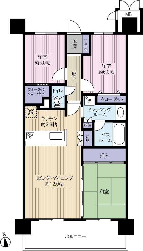 Floor plan. 3LDK, Price 22,800,000 yen, Occupied area 72.45 sq m , Balcony area 11.34 sq m