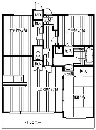 Floor plan. 3LDK, Price 14.3 million yen, Occupied area 66.18 sq m , Balcony area 13.12 sq m