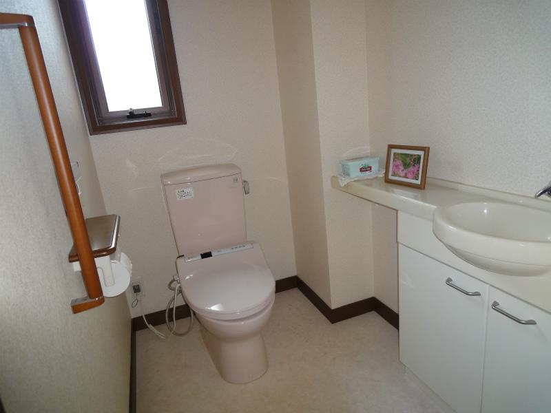 Toilet. It is with handrail on the first floor toilet hand washing by. 