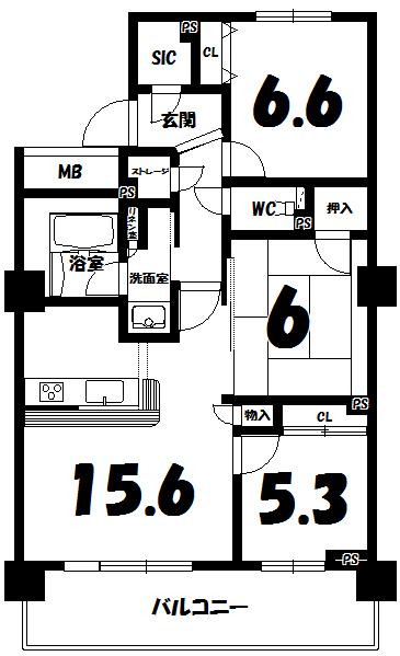 Floor plan. 3LDK, Price 33 million yen, Occupied area 76.03 sq m , Balcony area 14.43 sq m