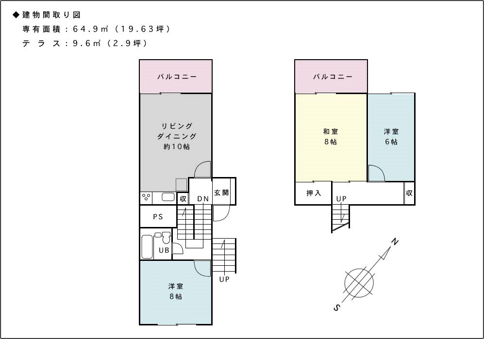 Floor plan. 3LDK, Price 2.3 million yen, Footprint 64.9 sq m , Balcony area 14.56 sq m building floor plan