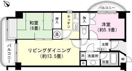 Floor plan. 2LDK, Price 2.8 million yen, Occupied area 58.41 sq m , Balcony area 7.18 sq m
