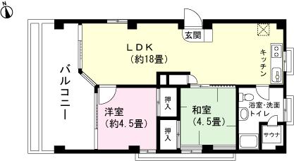 Floor plan. 2LDK, Price $ 40,000, Occupied area 59.34 sq m , Balcony area 18.64 sq m