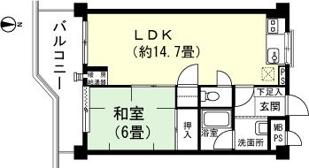 Floor plan. 1LDK, Price 2.3 million yen, Footprint 45.6 sq m , Balcony area 7.95 sq m
