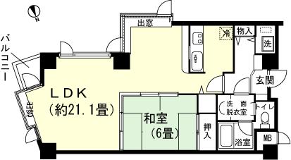 Floor plan. 1LDK, Price 4.3 million yen, Occupied area 61.87 sq m , Balcony area 1.51 sq m