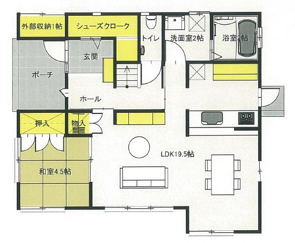 Floor plan. 34,600,000 yen, 4LDK, Land area 200.97 sq m , Building area 122.78 sq m   [1st floor] Produce a further breadth in the adjacent 4.5-tatami mat Japanese-style room in about 19 tatami wide LDK.